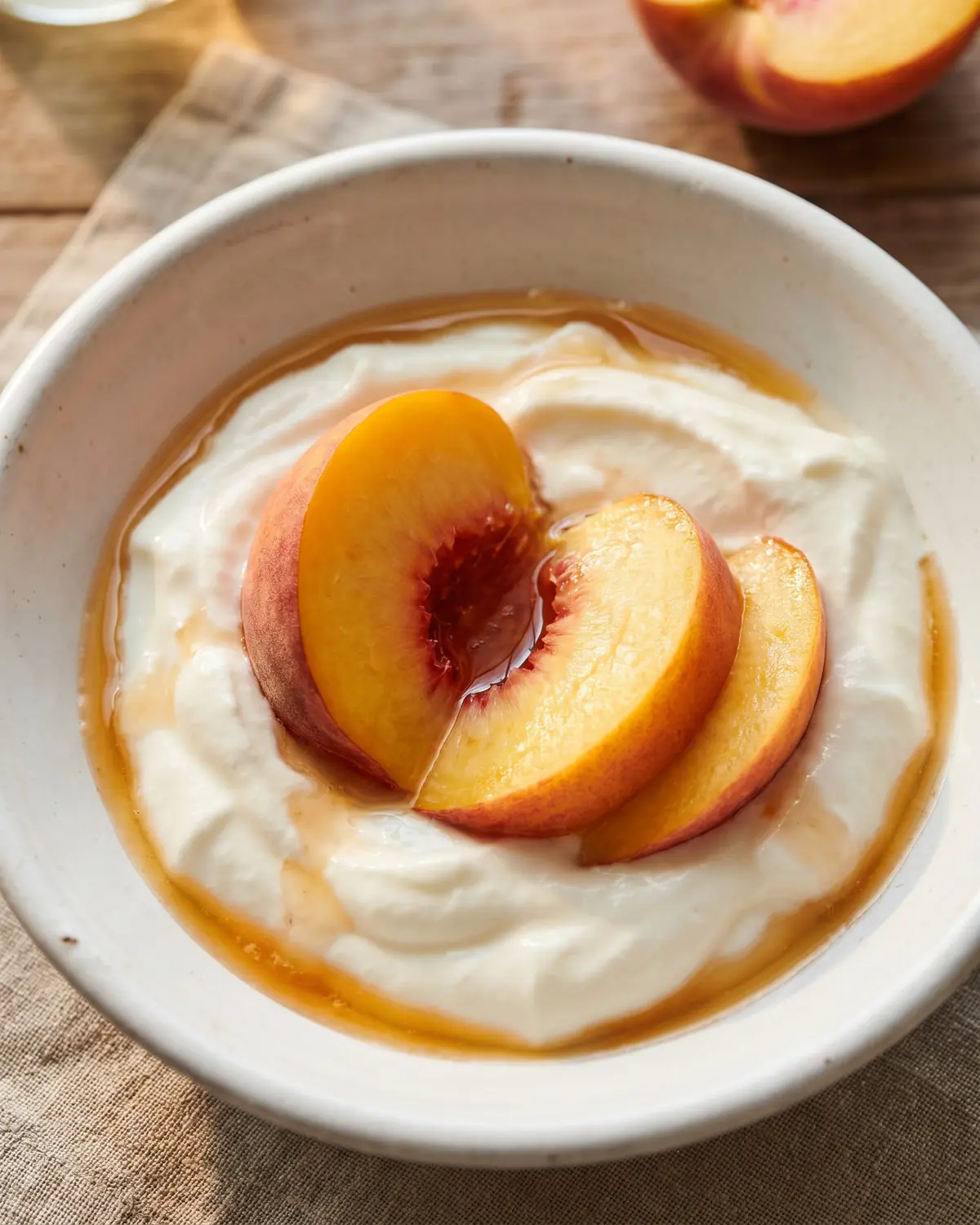 Wei&szlig;er Joghurt mit frischem Pfirsich im Sch&auml;lchen, am Rand sammelt sich nat&uuml;rlicher Fruchtsaft.