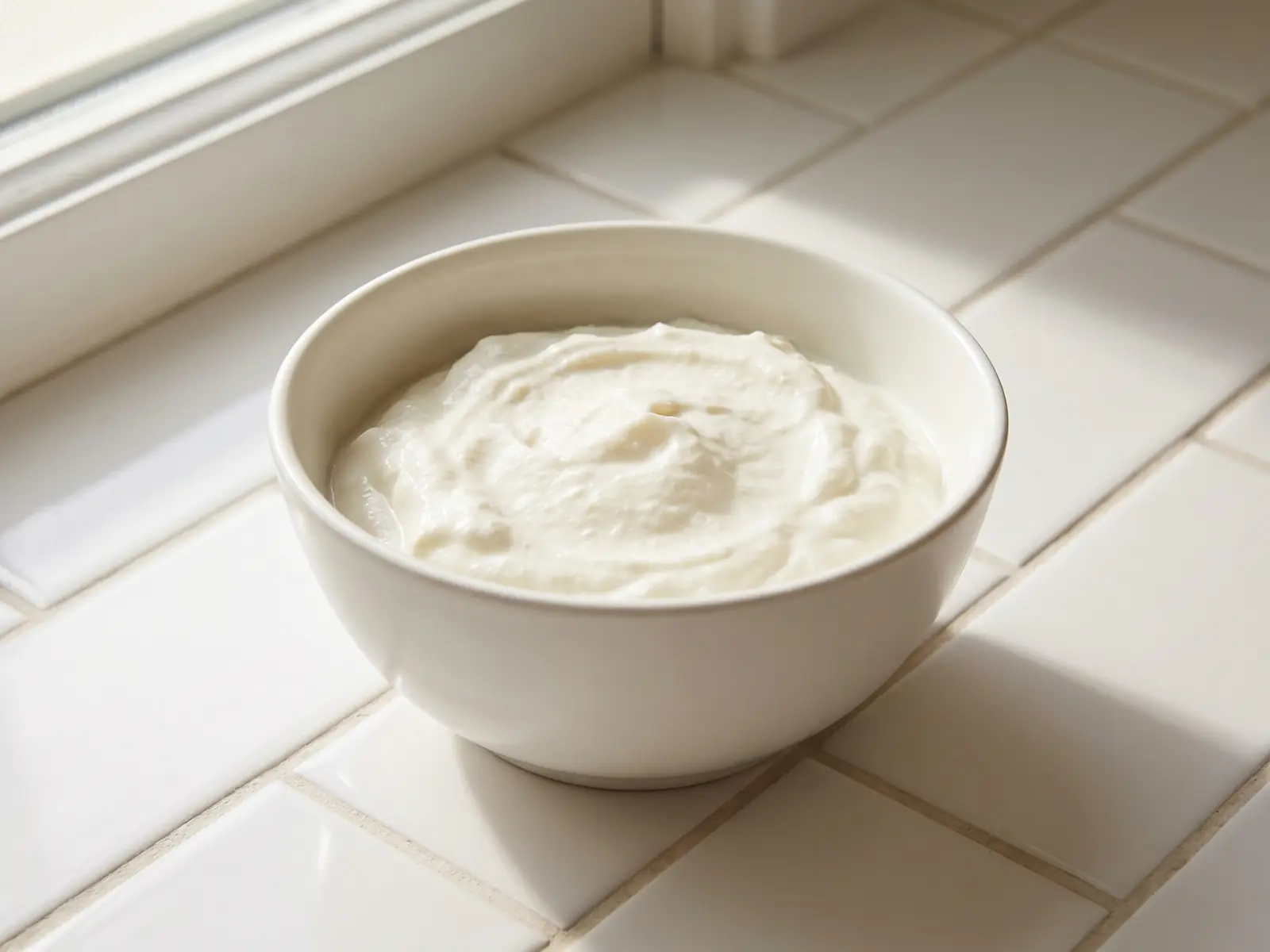 probiotische joghurts Weißer Becher mit naturbelassenem Joghurt auf hellen Fliesen, weich von Fensterlicht beleuchtet.