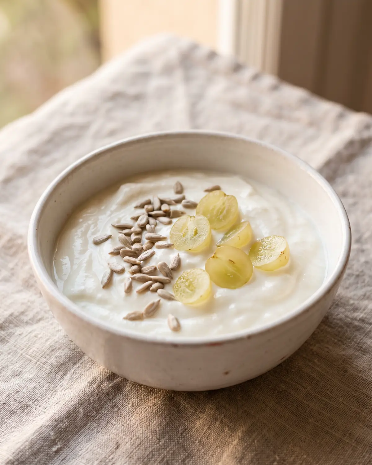 Cremiger pflanzlicher Joghurt mit Sonnenblumenkernen, wei&szlig;en Trauben und unscharfem Leinen im Hintergrund.
