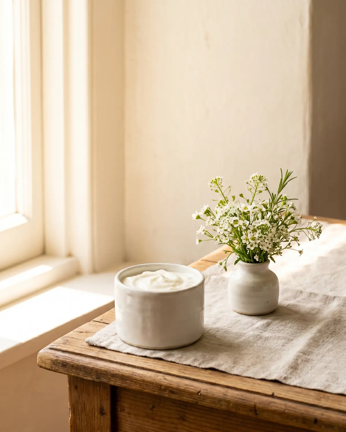 Wei&szlig;er Keramikbecher mit Joghurt neben kleinen Blumen, beleuchtet von seitlichem Fensterlicht.