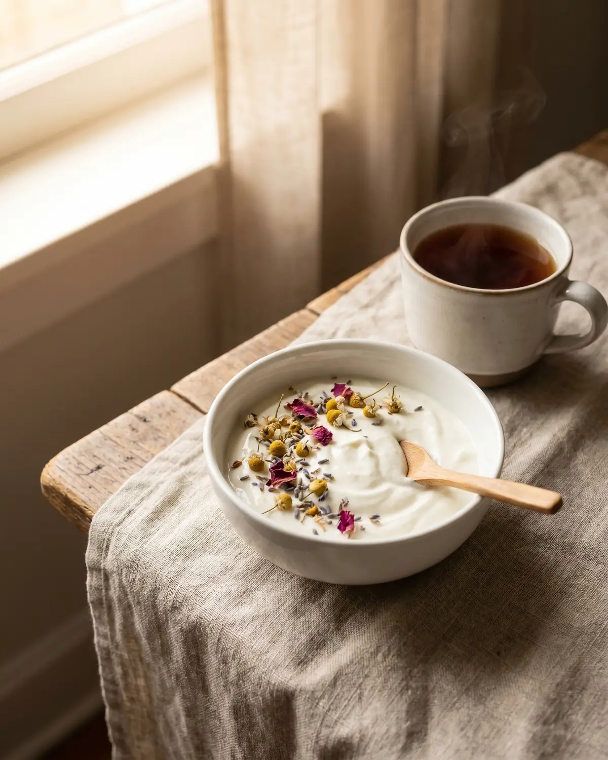 Eine Tasse Tee neben einer Schale Joghurt, Trockenblumen und hellem Leinen in ruhiger Tischszene.