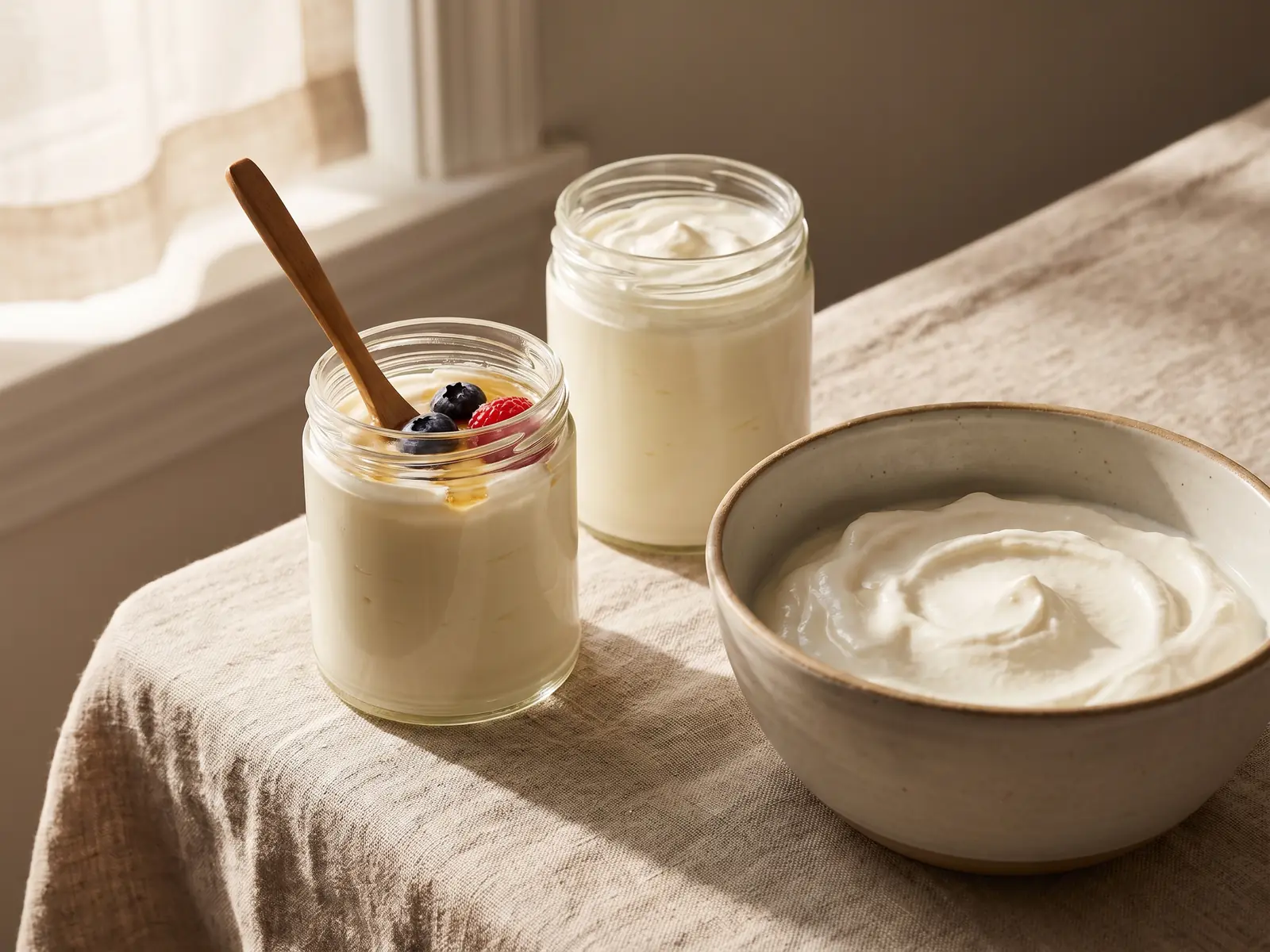 kefir vs skyr Zwei Gefäße mit cremigem Joghurt auf einem naturfarbenen Leinentuch neben einem Glasbehälter.